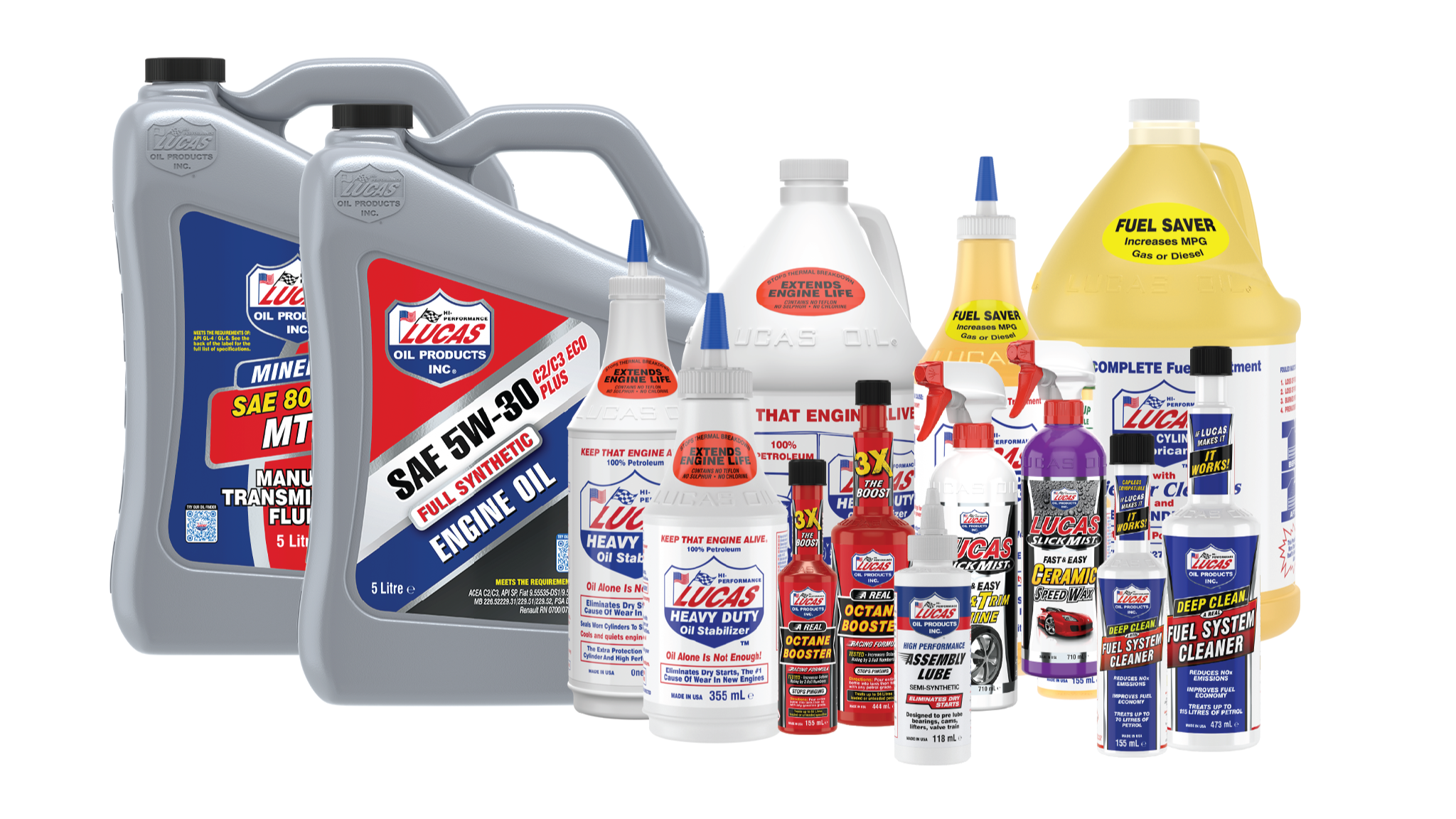 Collection of Lucas Oil products on a white background with visible branding.