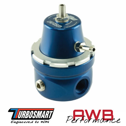 Turbosmart FPR6 Fuel Pressure Regulator in Blue. Front View.