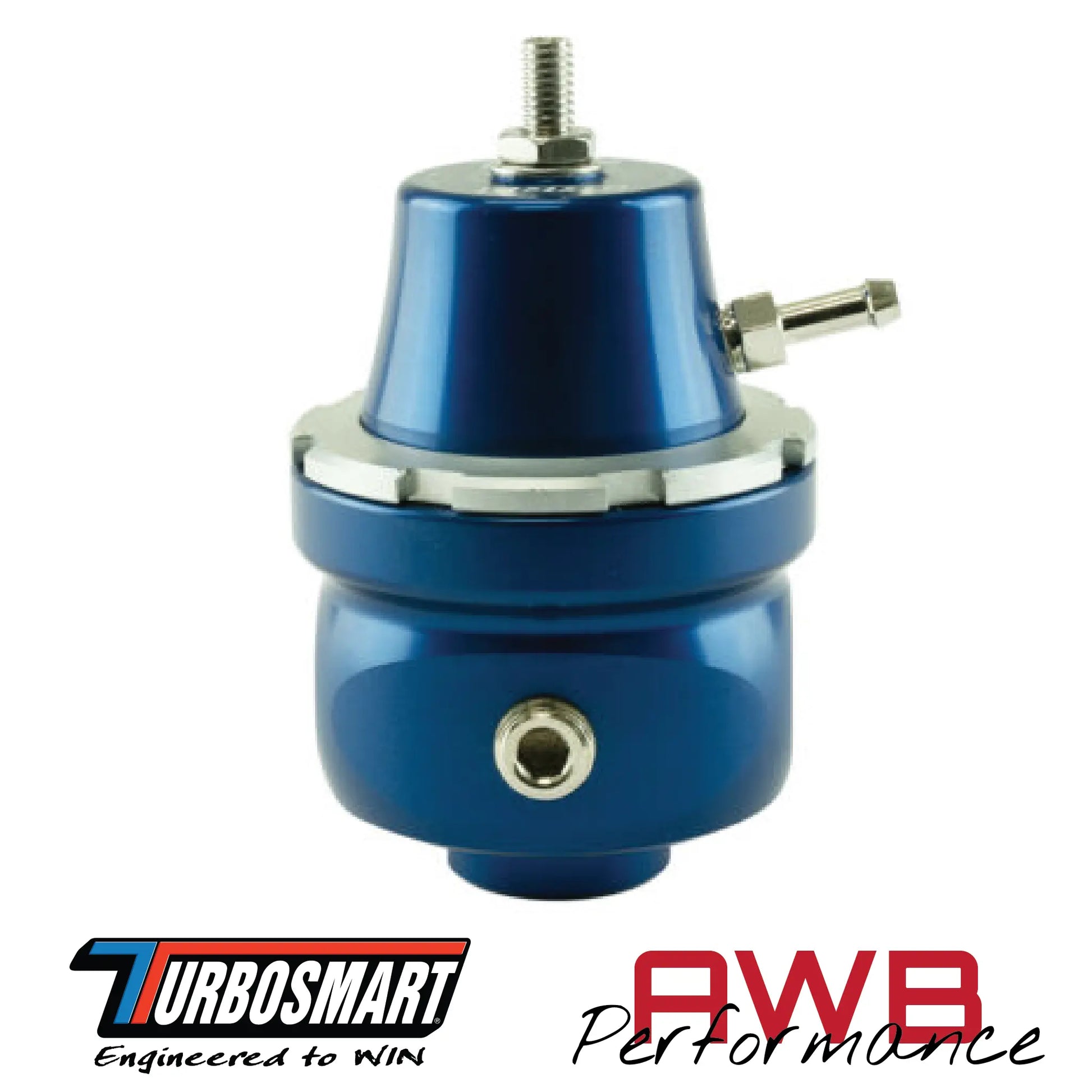 Turbosmart FPR6 Fuel Pressure Regulator in Blue. Side View.