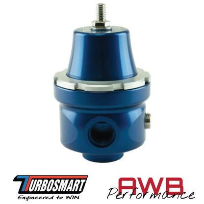 Turbosmart FPR6 Fuel Pressure Regulator in Blue. Side View.