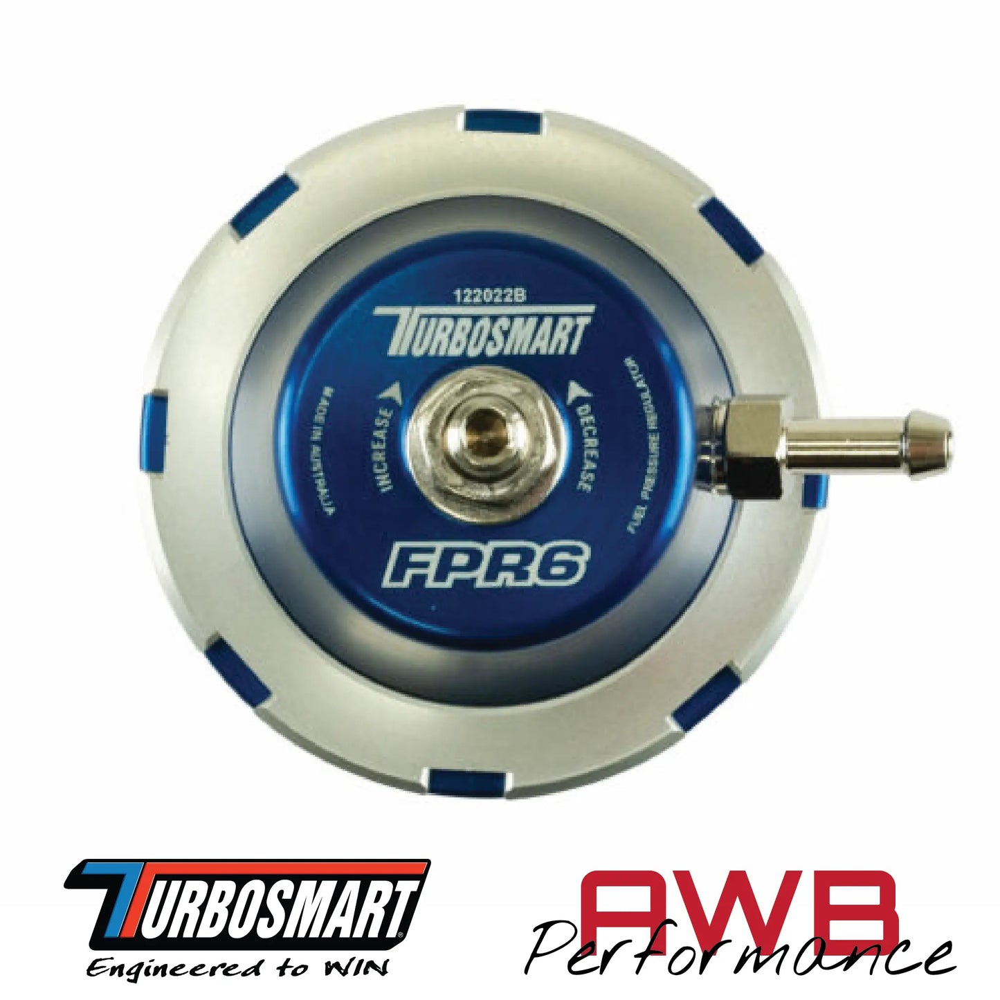 Turbosmart FPR6 Fuel Pressure Regulator in Blue. Top View.