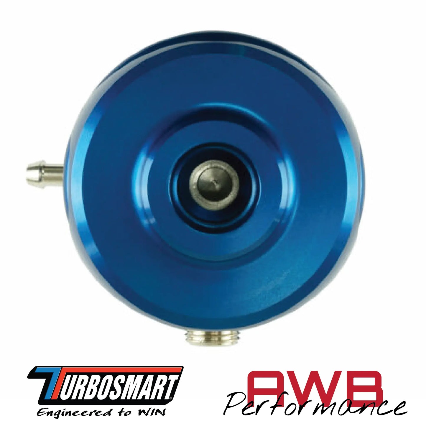 Turbosmart FPR6 Fuel Pressure Regulator in Blue. Bottom View.