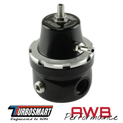 Turbosmart FPR6 Fuel Pressure Regulator in Black. Front View.