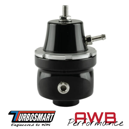 Turbosmart FPR6 Fuel Pressure Regulator in Black. Side View.