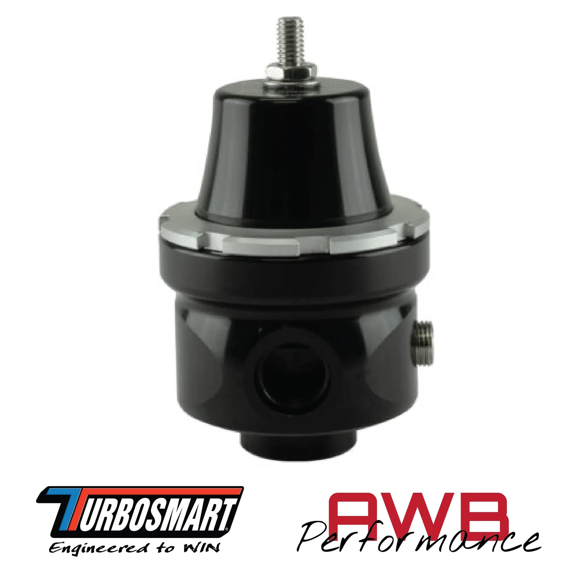Turbosmart FPR6 Fuel Pressure Regulator in Black. Side View.