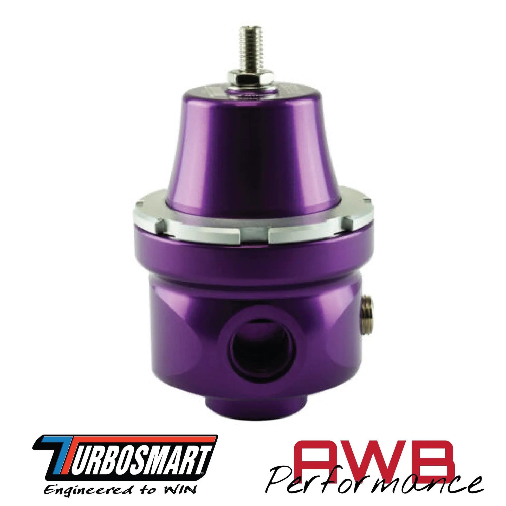 Turbosmart FPR6 Fuel Pressure Regulator in Purple. Side View.