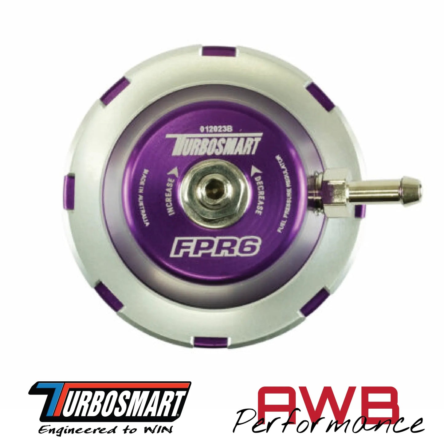 Turbosmart FPR6 Fuel Pressure Regulator in Purple. Top Vew.