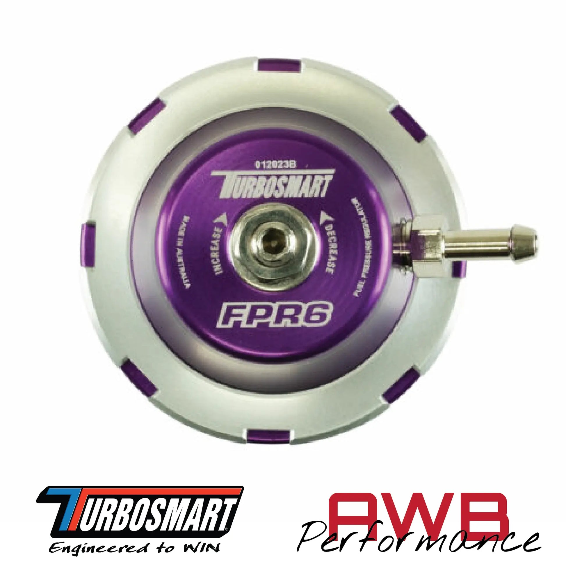 Turbosmart FPR6 Fuel Pressure Regulator in Purple. Top Vew.