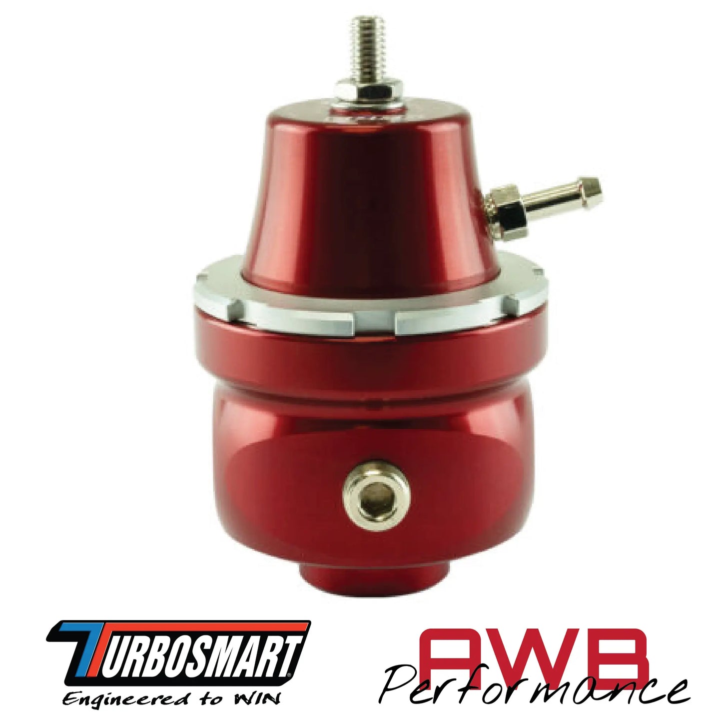 Turbosmart FPR6 Fuel Pressure Regulator in Red. Side View.