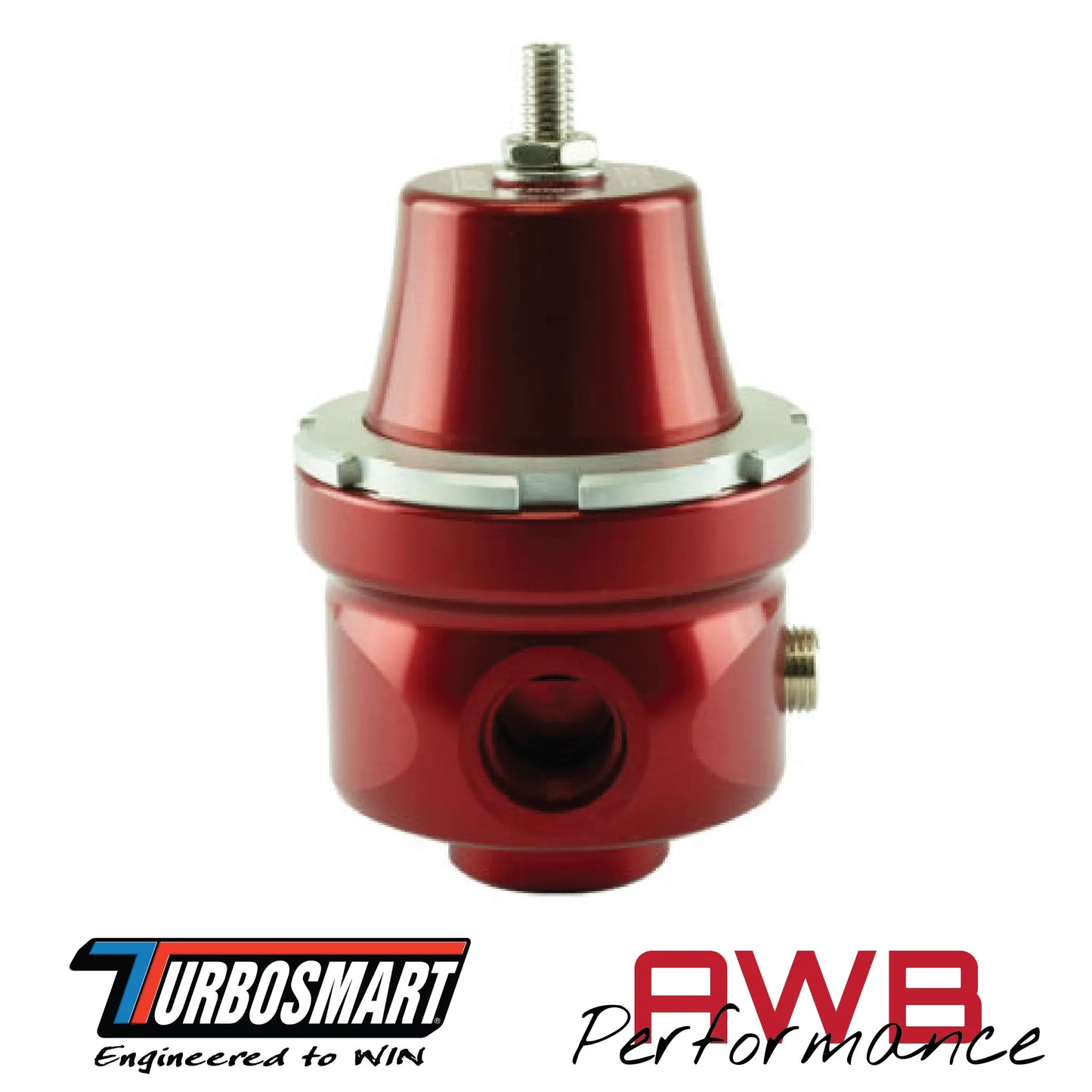 Turbosmart FPR6 Fuel Pressure Regulator in Red. Side View.