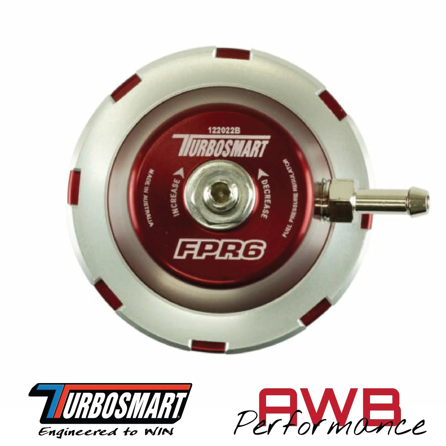 Turbosmart FPR6 Fuel Pressure Regulator in Red. Top View.