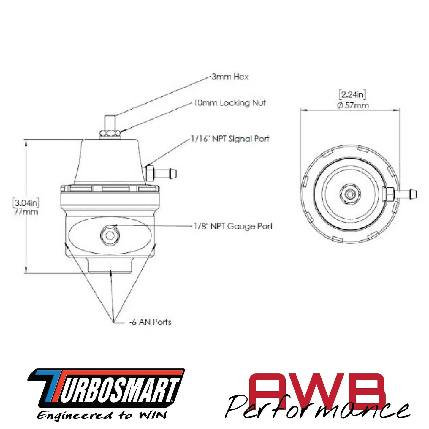 Turbosmart FPR6 Fuel Pressure Regulator Diagram With Measurements.