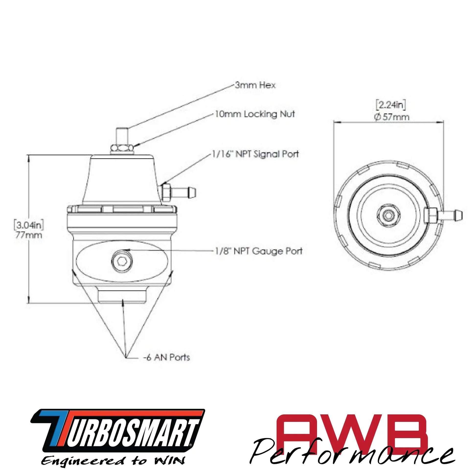 Turbosmart FPR6 Fuel Pressure Regulator Diagram With Measurements.