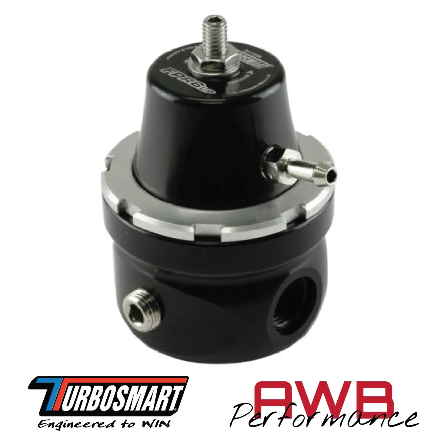 Turbosmart FPR6 Low Pressure Fuel Pressure Regulator in Black. Front View.