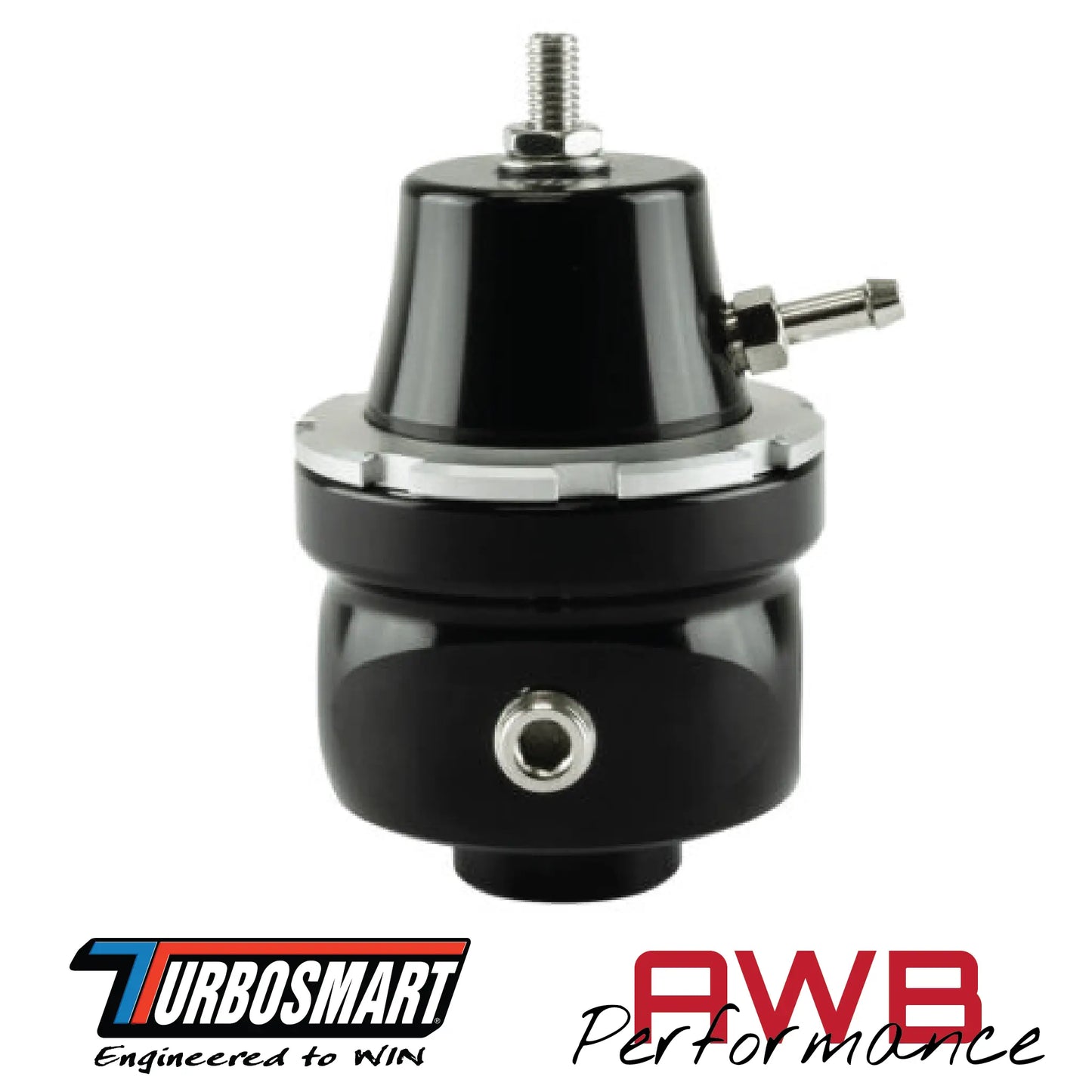 Turbosmart FPR6 Low Pressure Fuel Pressure Regulator in Black. Side View.