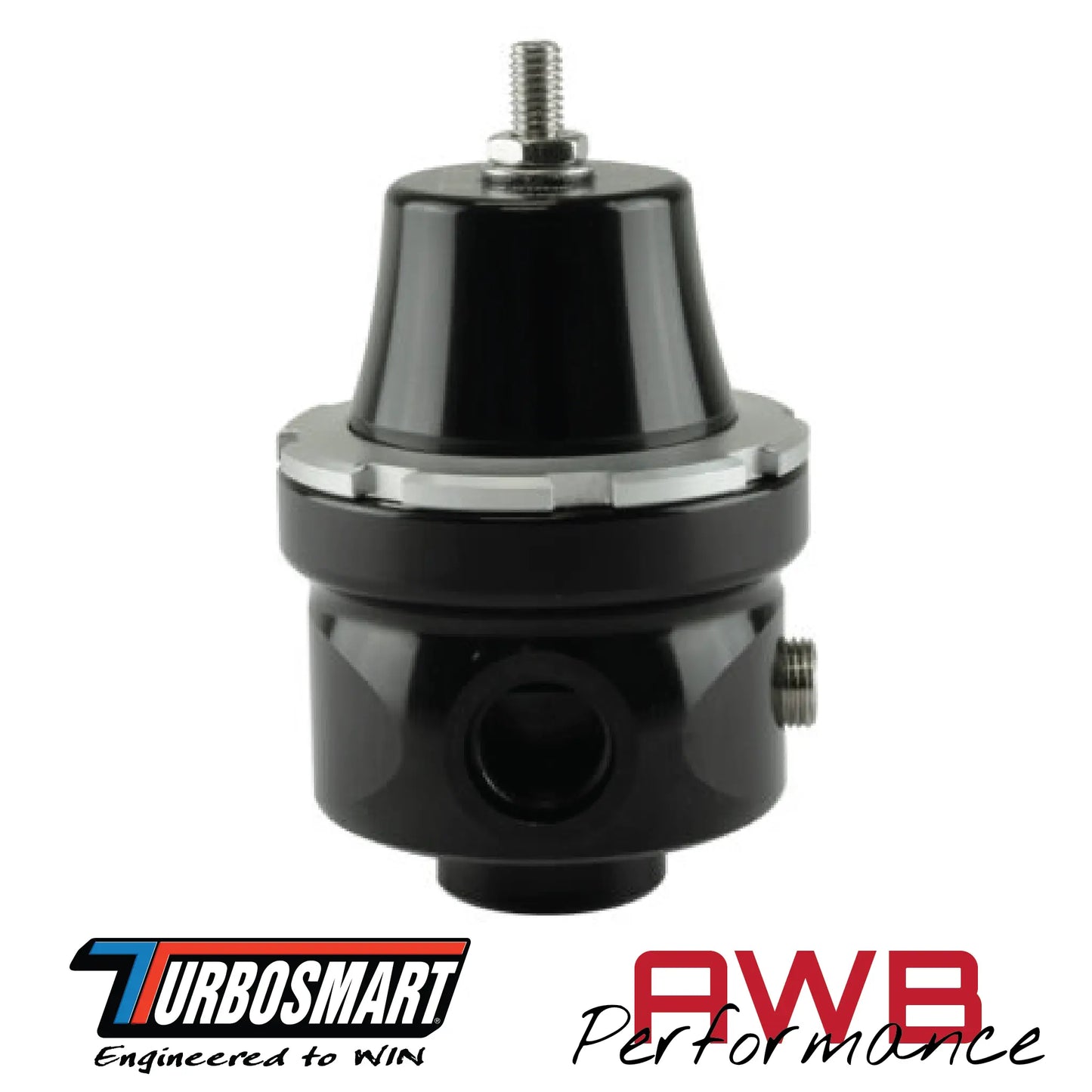 Turbosmart FPR6 Low Pressure Fuel Pressure Regulator in Black. Side View.