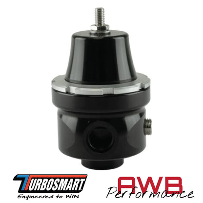 Turbosmart FPR6 Low Pressure Fuel Pressure Regulator in Black. Side View.