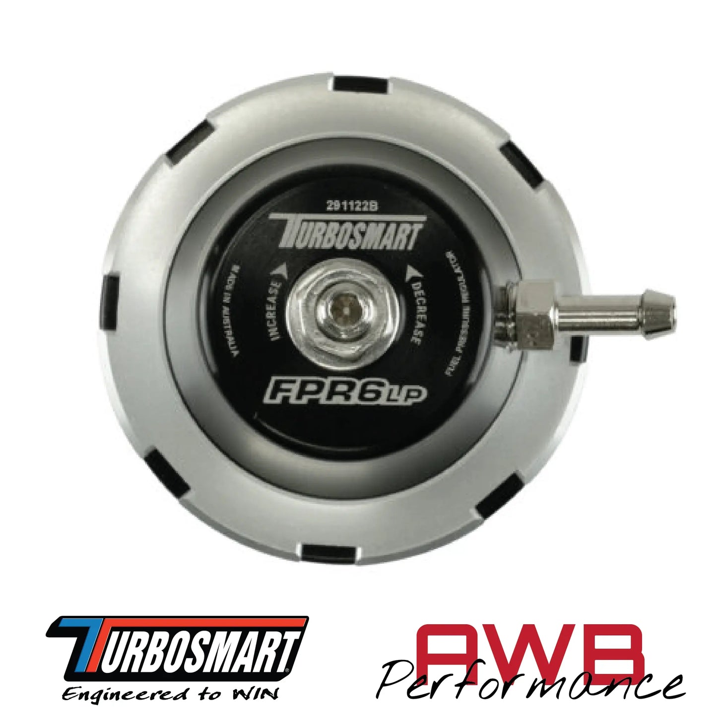 Turbosmart FPR6 Low Pressure Fuel Pressure Regulator in Black. Top View.